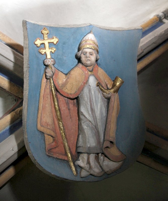 Schlussstein im Mittelschiff von St. Severin: hl. Kornelius (c) SilviaBins