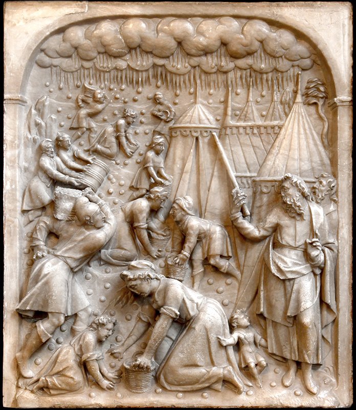 Darstellung der Manna-Lese beim Zug durch die Wüste – Alabasterrelief in St. Severin (c) SilviaBins