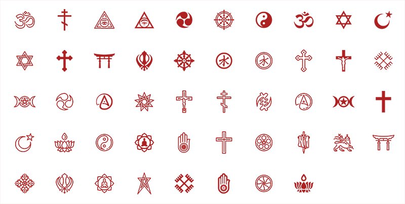 Die meisten Religionen haben ihre eigenen Symbole.  Hier sind einige von diesen zu sehen. 